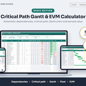 以下が含まれることがあります： ExcelおよびGoogleスプレッドシート用のデジタルプロジェクト管理ツール「Critical Path Gantt & EVM Calculator」。インターフェースには、プロジェクトスケジュール、ガントチャート、アーンドバリュー指標が5つのタブにわたって表示され、自動化機能が備わっています。