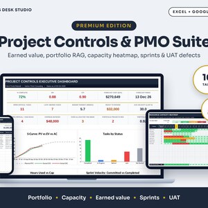 May include: A digital Project Controls and PMO Suite dashboard displayed on a laptop, tablet, and smartphone. The interface features data tables, an S-curve graph, a bar chart, and a resource capacity heatmap with 16 tabs and automated functions.