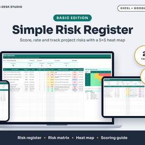Könnte beinhalten: Eine digitale Risikoregister-Vorlage für Excel und Google Sheets mit einer 5x5-Heatmap, Risikomatrix und Bewertungsleitfaden. Die Benutzeroberfläche zeigt Spalten zur Risikoverfolgung, Statusanzeigen und automatisierte Datenvisualisierung.