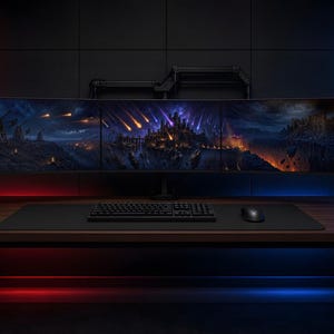 May include: A gaming desk setup featuring three side-by-side monitors displaying a fantasy landscape with falling meteors. A black keyboard and mouse sit on a large desk mat. A computer tower with red and blue illuminated fans sits to the right.
