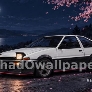 May include: A white and black two-tone sports car with pop-up headlights illuminated at night. The vehicle features a low-profile design, dark wheels, and a thin red accent line along the lower body, with the text ShadOwallpaper visible.