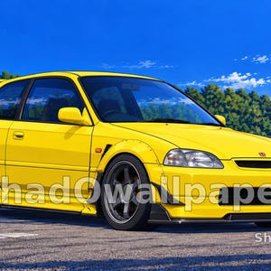 May include: A bright yellow hatchback car with a wide body kit, dark grey multi-spoke wheels, and a rear spoiler. The vehicle features a front bumper with black air intakes and the text Shadowallpaper overlaid on the image.