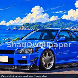 May include: A bright blue sports car with a wide body kit, a large rear wing, and silver wheels parked on a coastal road. The vehicle features a front splitter, side skirts, and a blank white license plate. The background shows a blue ocean.
