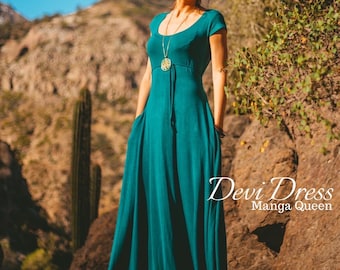DEVI DRESS, Long Maxi Dress with pockets, Adjustable A shape Dress