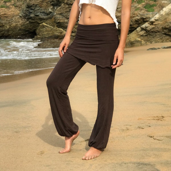 YOGA SKIRT PANTS, brown yoga pants, skirted pants, hoop pants, kundalini, elvish pants, wide leg pants, burning man pants, comfy pants