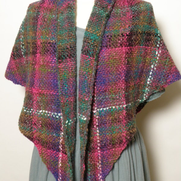 Shawl Handwoven Hand Made Shawl Triangular Shape Capelet Women Fashion Wrap Woodland Cottage Rustic Rose Teal Blue Green Silk Wool Blend