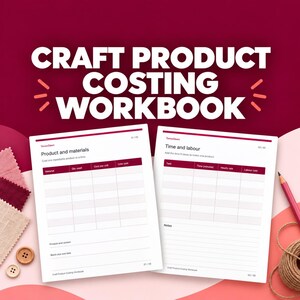 Könnte beinhalten: Ein Arbeitsbuch zur Kalkulation von Handwerksprodukten mit zwei weißen Seiten, die Tabellen für Material, Zeit und Arbeitsaufwand enthalten. Dazu ein rosa Stift und braunes Garn auf einem dunkelroten Hintergrund.
