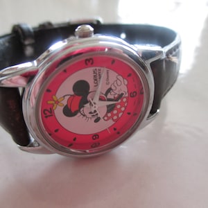 10% Off Vintage Lorus Minnie Mouse Hot Pink Watch W/Leather Band, Stainless Steel, Water Resistant, Disney Character Watch, Hong Kong Movemt
