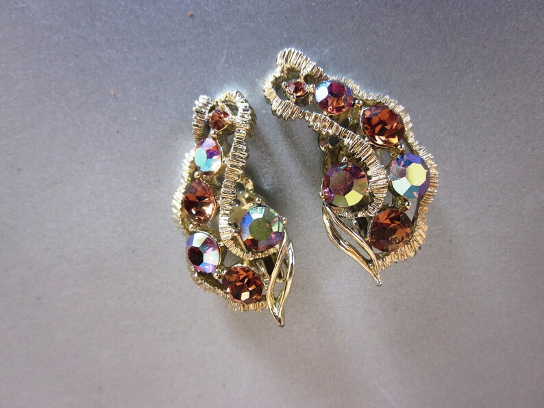 Anniversary Earrings Vintage Designer Pakula Amber Rhinestone and AB Gold Tone CLIP ON Earrings Gift For Her Designer Earrings Birthday