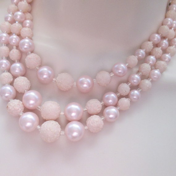 Dusty Pink Vintage JAPAN Three Strand Pink Faux P… - image 1