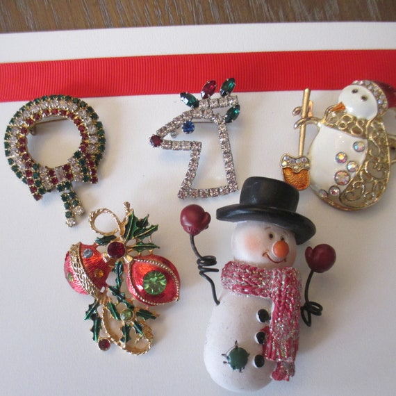Christmas Brooch Lot, Two Snowmen, One Rhinestone… - image 1