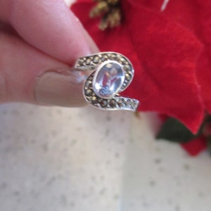 925 Blue Topaz & Marcasite Size 6 Ring in Sterling Silver, Blue Topaz Ring is Bezel Set, December Birthstone Ring, Gift For Her, Birthday
