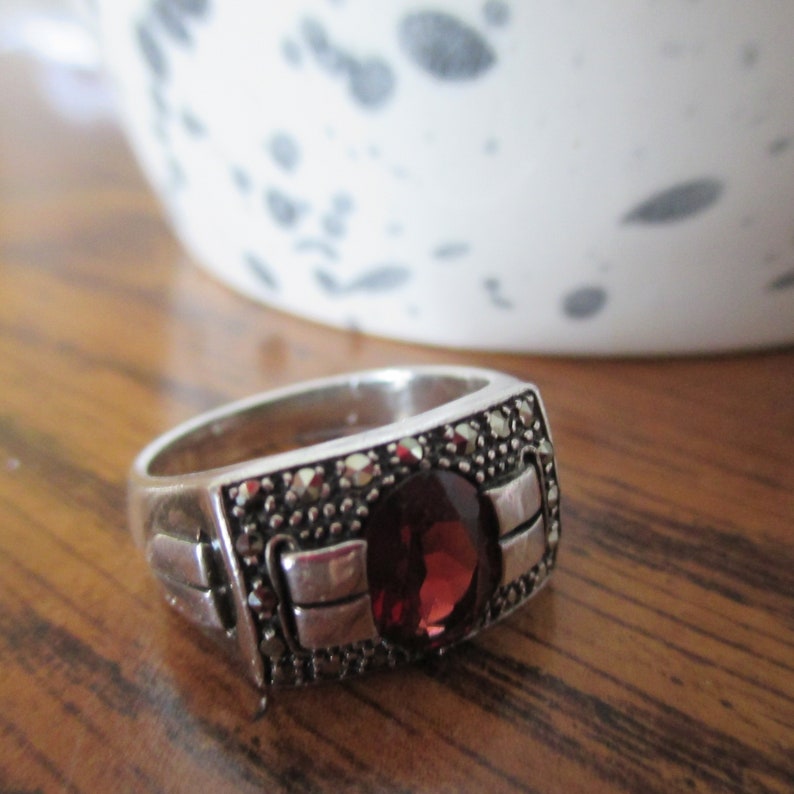 Size 7 U.S.A Heirloom Ring Ship Free Statement Ring 10/% Off Everything Sale Vintage Art Deco STERLING ACI Ruby Red GARNET Ring