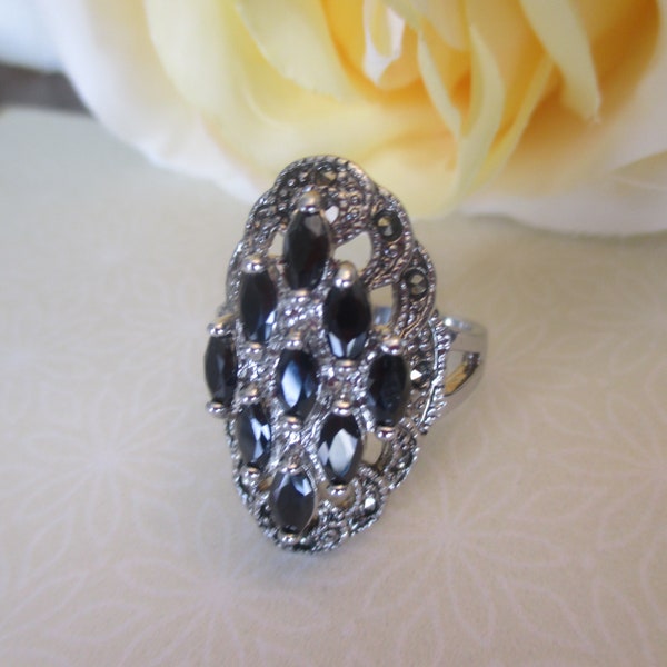 Black Onyx Marcasite Ring, Silver Filagree Ring w/Open Shank Both Sides of Band, Nine Black Onyx Marquise Stones, SZ 9 RING, Happy Mom's Day