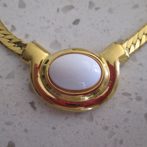 Vintage Gold Plated Napier Necklace with White Oval Cabochon in Center, Signed Napier on Chain and Cab