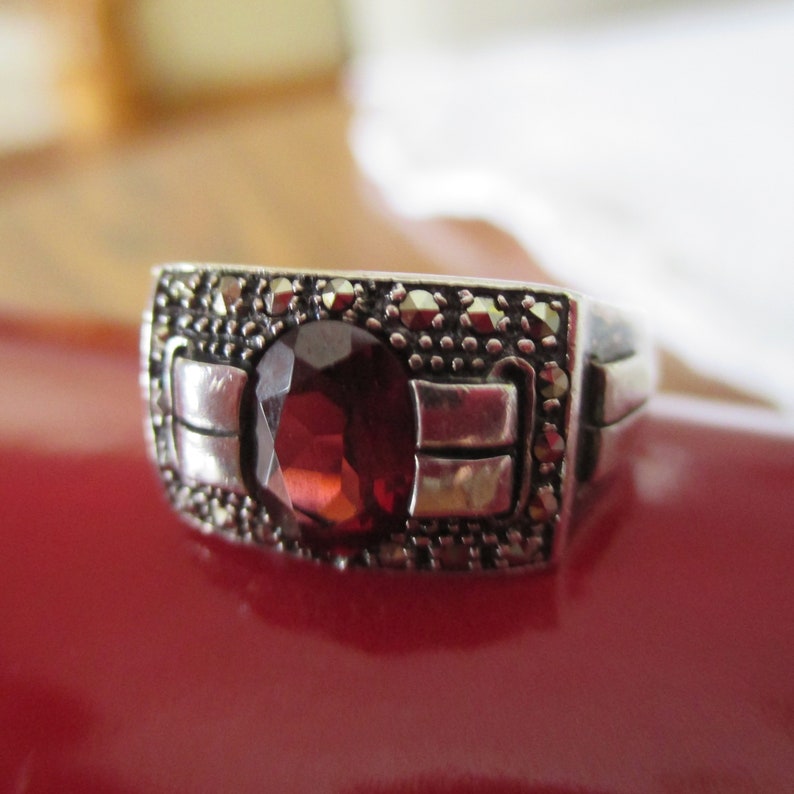 Size 7 U.S.A Heirloom Ring Ship Free Statement Ring 10/% Off Everything Sale Vintage Art Deco STERLING ACI Ruby Red GARNET Ring