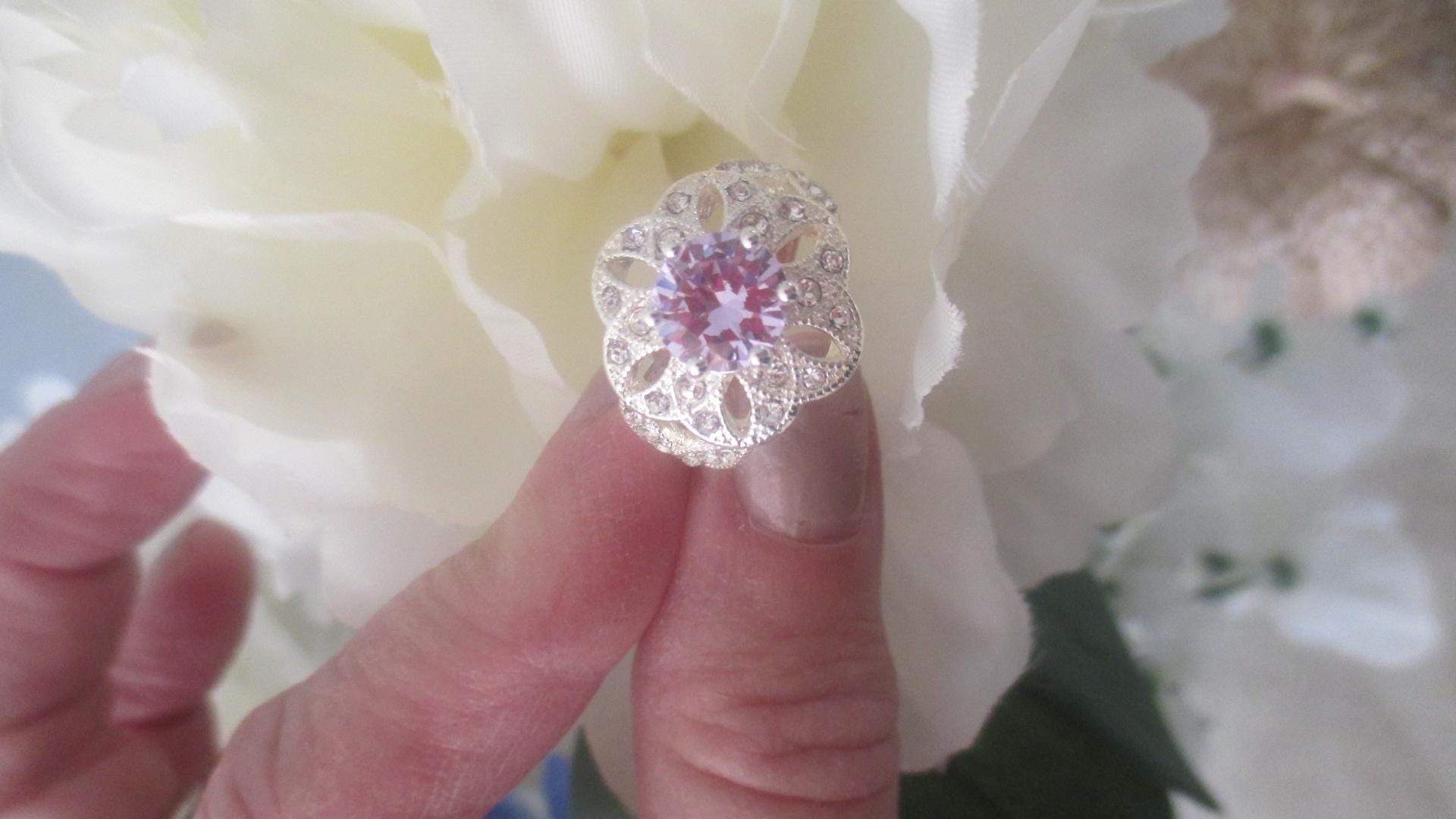 NRT Avon Vintage Silver Ring with Rhinestones and Round Pale Purple Stone Ring, This ring is a Size 6, Also Signed NRT, Great Holiday gift