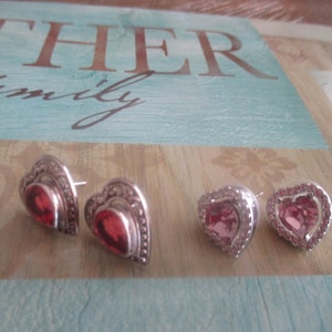 Valentine Gift, Two Beautiful Pairs of 925 Sterling Silver Heart Stud Earrings, One Pink Halo & Tear Drop Red Stone Heart Earrings, For Her