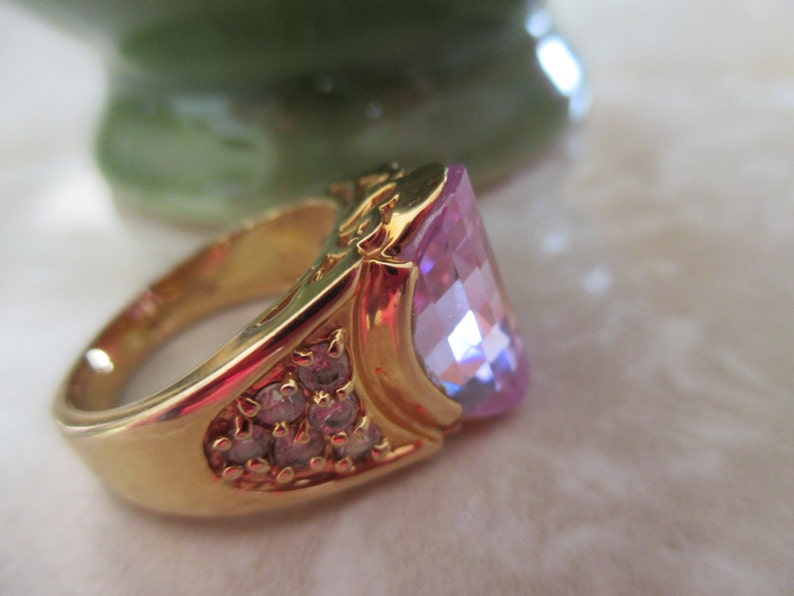Gift For Her Oval Lavender and Simulated Diamond Cushion Cut 14KT HGE SIZE 7 Anniversary Heavy Gold Electroplate Ring Birthday