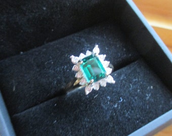 14KT GE Joseph Esposito Ring - ESPO RING Vintage Square Cut Green Emerald Rhinestone and Clear Rhinestone Ring, Size 7, Vintage Ring, Gift