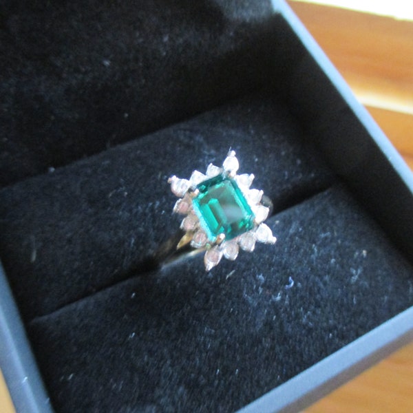 14KT GE Joseph Esposito Ring - ESPO RING Vintage Square Cut Green Emerald Rhinestone and Clear Rhinestone Ring, Size 7, Vintage Ring, Gift