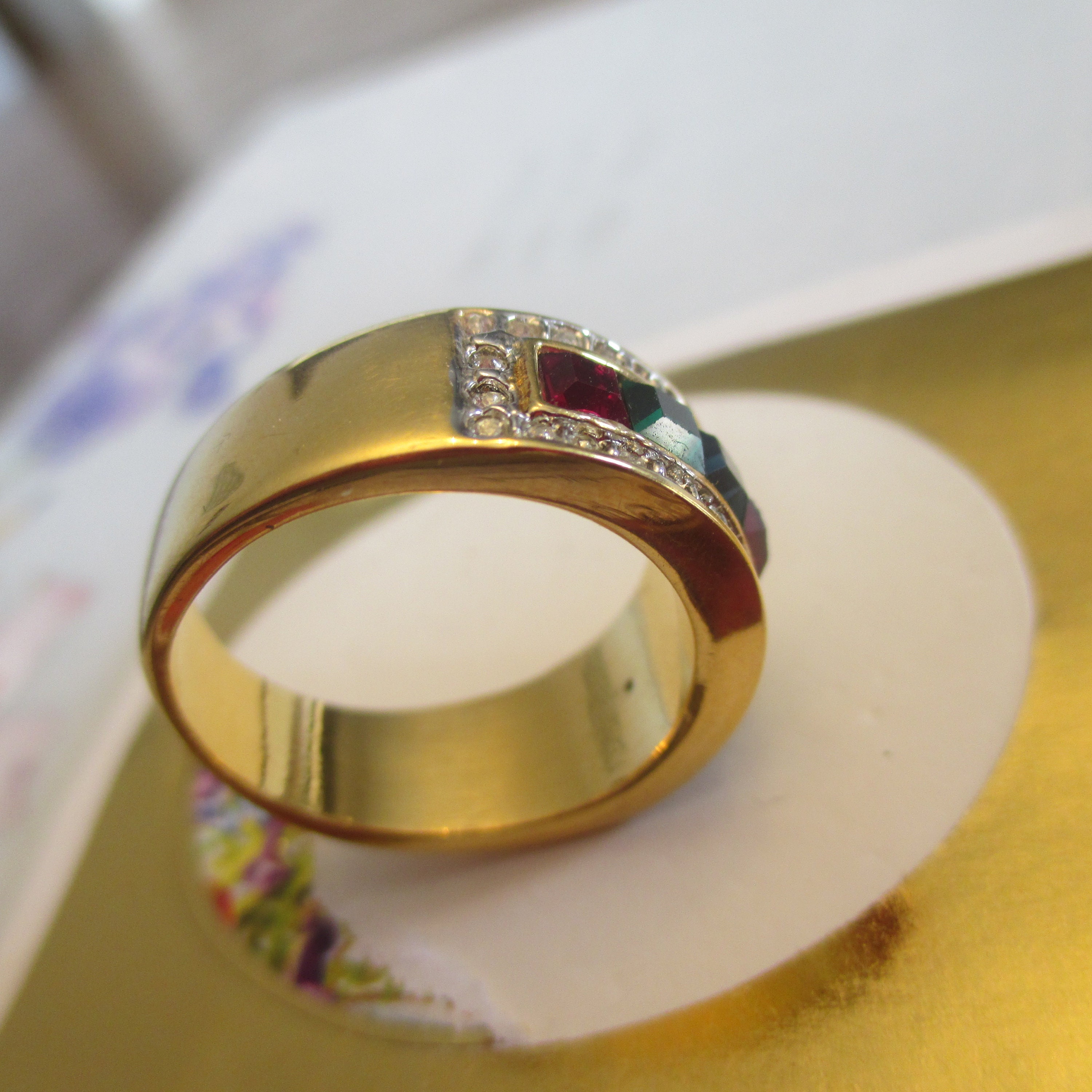 Vintage ESPO Rhinestone Ring: 14KT GE Gold Electroplated, Size 7 
