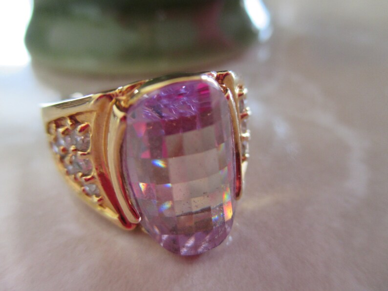 Gift For Her Oval Lavender and Simulated Diamond Cushion Cut 14KT HGE SIZE 7 Anniversary Heavy Gold Electroplate Ring Birthday