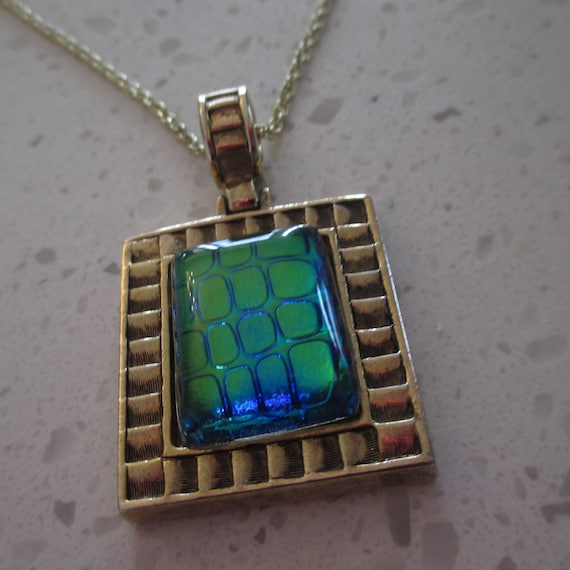 Blue Green Irridescent Square Cut Glass Pendant N… - image 1