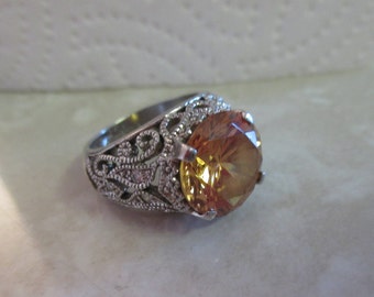 SALE Vintage 925 ESPO Champagne Diamonique Ring in Sterling Silver 925 Setting, Size 5, Gift For Her, Anniversary,  Beautiful Ring