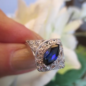 925 Sterling Silver Faux Blue Sapphire Marquise Ring, Size 6 Sept. Birthstone Ring, Holiday Ring, Filagree 925 Setting, Art Deco Inspired