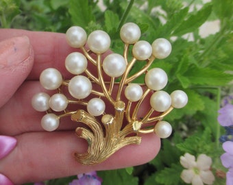 CROWN TRIFARI Faux Pearl Tree of Life Brooch, Gift For Her, Signed With Crown, Gold Plated, Lovely Cocktail Black Dress Brooch Dress