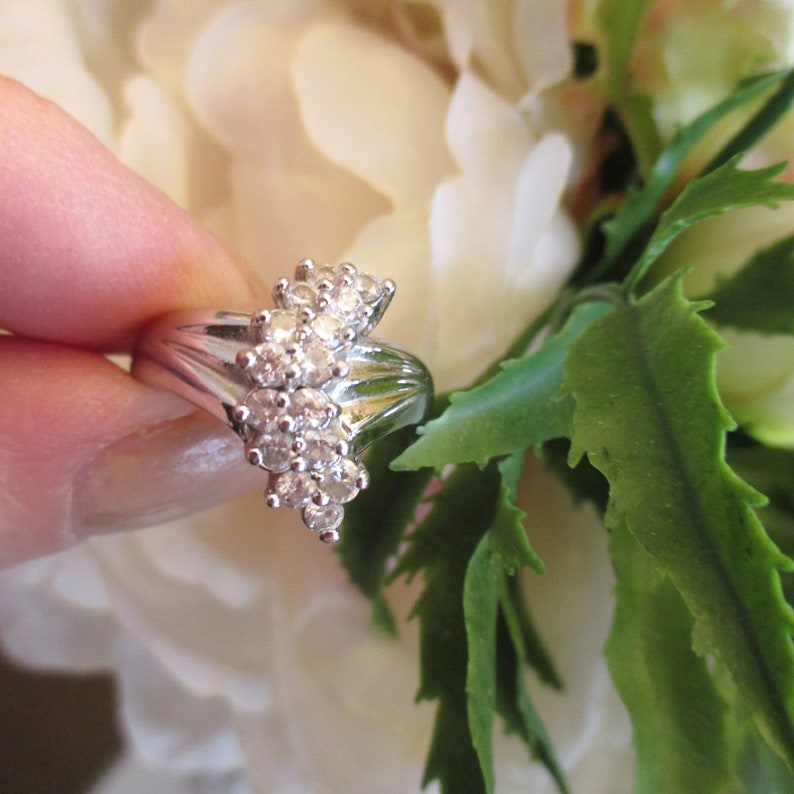 SZ 7 Ring This Is The Real Cocktail Ring Gift For Her Vintage 50/'s Diamonique Cocktail Ring in Silver Tone Setting Pretty Silver Band