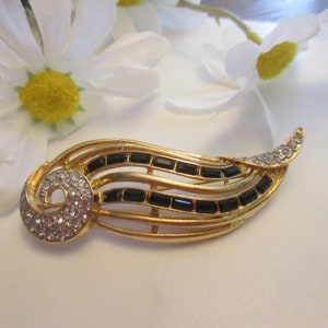 Designer SAVOIR FAIRE Vintage Rhinestone Swirl Brooch with Shiny Black Rhinestones and Pretty Clear Swirl Rhinestone, Elegant & Classy