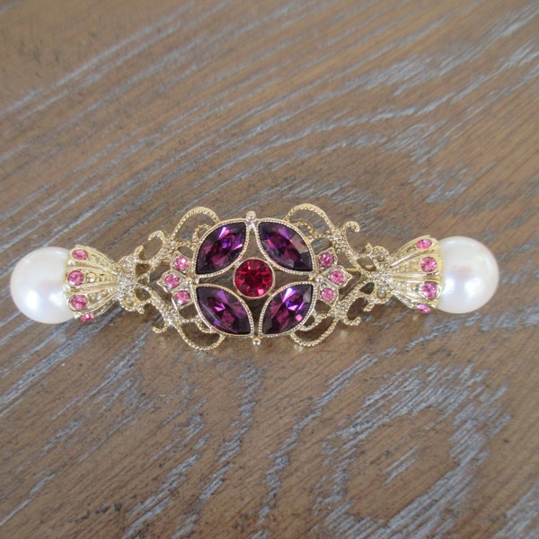 Beautiful Vintage BAR Brooch with Two Lovely Large Pearls at Each End. Pink, Purple and Red Rhinestones, Lovely Gift For MOM, Bridal Bouquet
