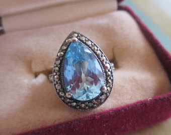 TOPAZ RING, Blue Large Tear Drop Topaz Marcasite Ring, 925 Blue Topaz Ring, CNA Thailand. Topaz Tear Drop Stone &Marcasite Band, SZ6