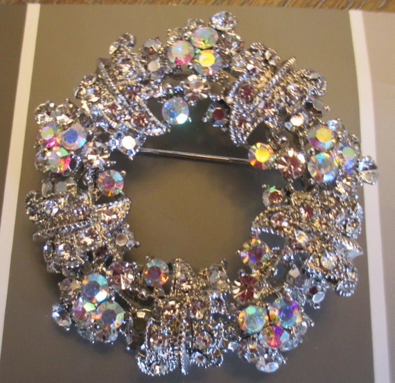 Bridal Brooch, Silver Rhinestone Wreath Brooch w/… - image 1
