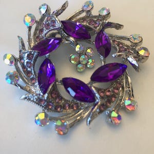 Vintage Purple Marquise Rhinestone Brooch, AB Rhinestones as well as Tiny Pink Stones in a Wreath Layout, easy closure, Perfect Easter Gift