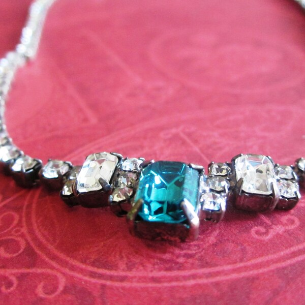 SALE Vintage Aqua Blue Green Emerald Cut Rhinestone Necklace, Adjustable