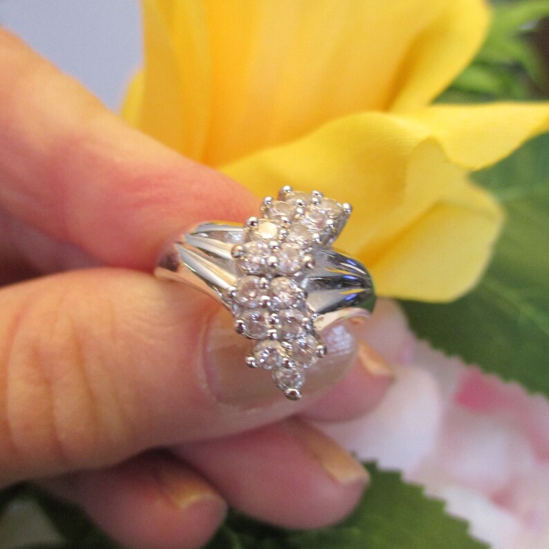 SZ 7 Ring This Is The Real Cocktail Ring Gift For Her Vintage 50/'s Diamonique Cocktail Ring in Silver Tone Setting Pretty Silver Band