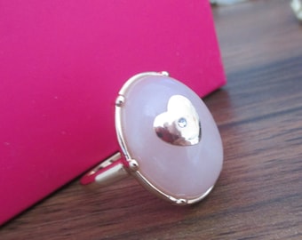 Pink Quartz Oval Ring with Small Heart and Rhinestone in Center of Heart, Gold Tone Band and Finish, Gift For Her, I Love You Ring, SZ 8