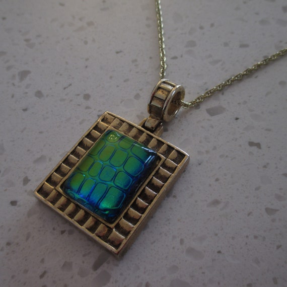 Blue Green Irridescent Square Cut Glass Pendant N… - image 4