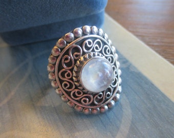 Blue Moonstone Sterling Silver Ring: India Scrollwork, Size 8