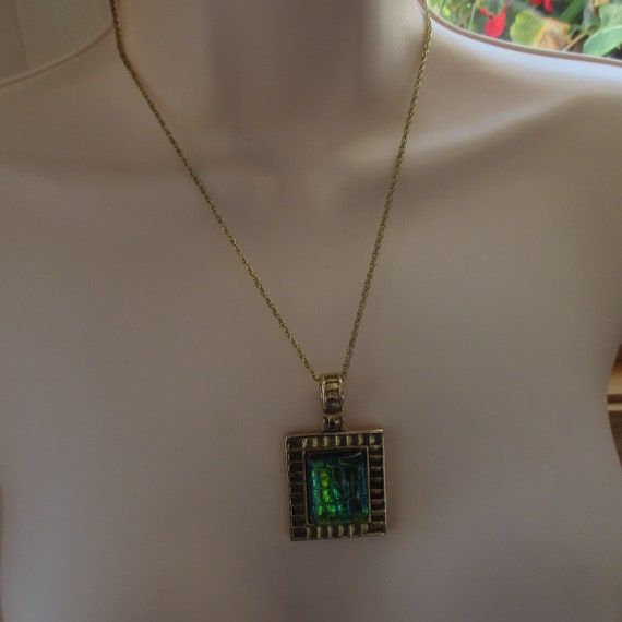 Blue Green Irridescent Square Cut Glass Pendant N… - image 2