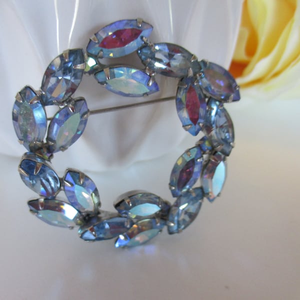 Beautiful WEISS Marquise Blue AB Rhinestone Wreath Rhodium Silver Setting, Signed, Gift for MOM, Wedding, Bridal and More