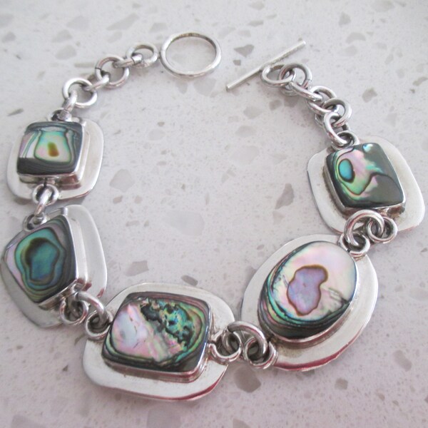 ATI 925 Mexico Abalone Sterling Silver Bracelet, 7 1/2" Inches Length, Toggle Closure, Adjustable Bracelet, Gift for Her, Birthday, Anniv.l