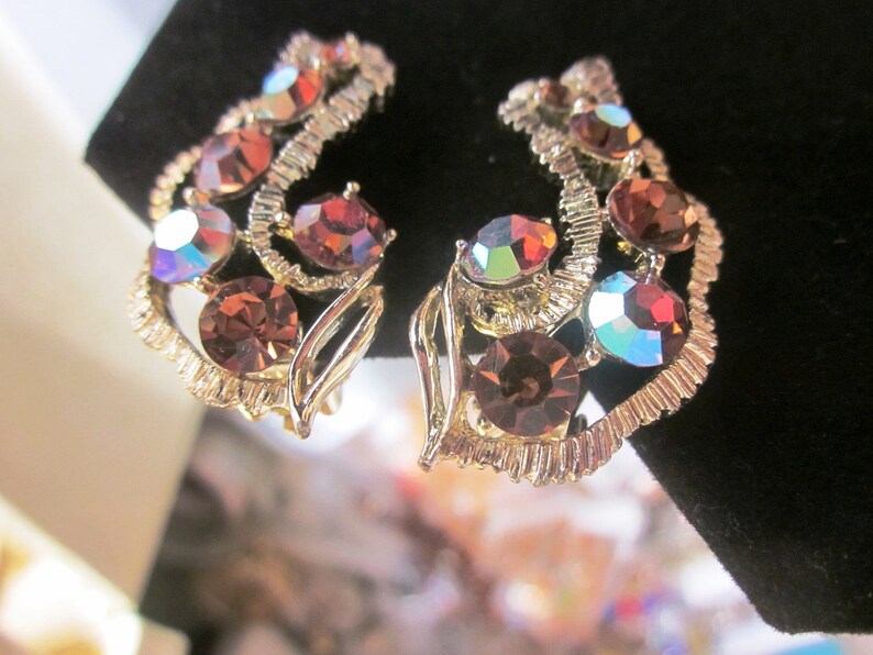 Anniversary Earrings Vintage Designer Pakula Amber Rhinestone and AB Gold Tone CLIP ON Earrings Gift For Her Designer Earrings Birthday