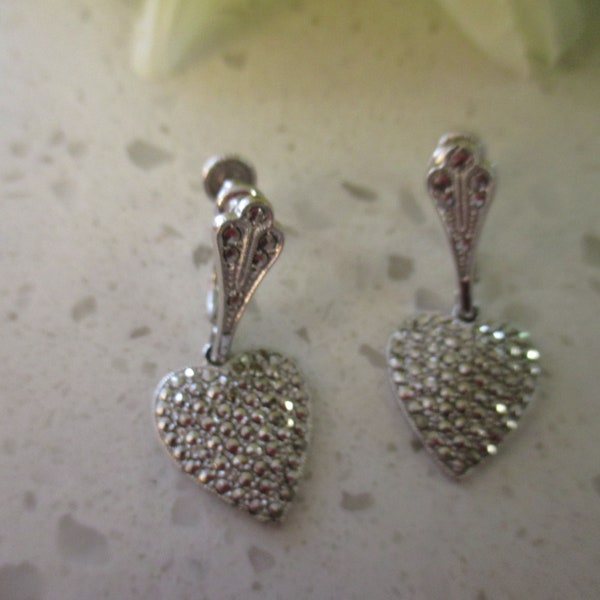 Valentine Earrings, Vintage 925 MASHA Screw Back Marcasite Heart Earrings, Signed Sterling and Masha, Lovely Present for Someone You Love