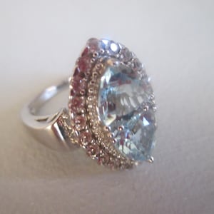 Engagement Ring, 925 BBJ Two Blue Marquise Topaz Ring Surrounded by 925 Silver Beads & White Topaz. SIZE 7, 925 Scrollwork Gift, BRIDAL