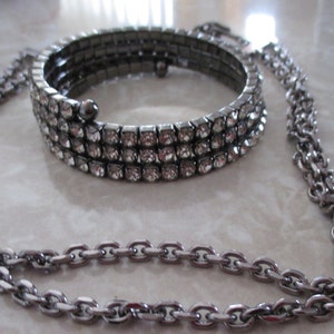 JEWELRY SET, Vintage Dark Silver Rhinestone Bracelet w/Dark Silver Chain Link Necklace, Matching Rhinestone Ring, Hook Closure on Necklace