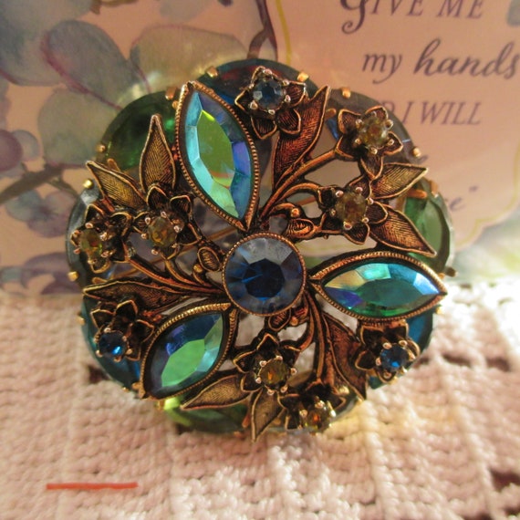 Beautiful Gold Marquise Rhinestone Brooch with Bl… - image 2